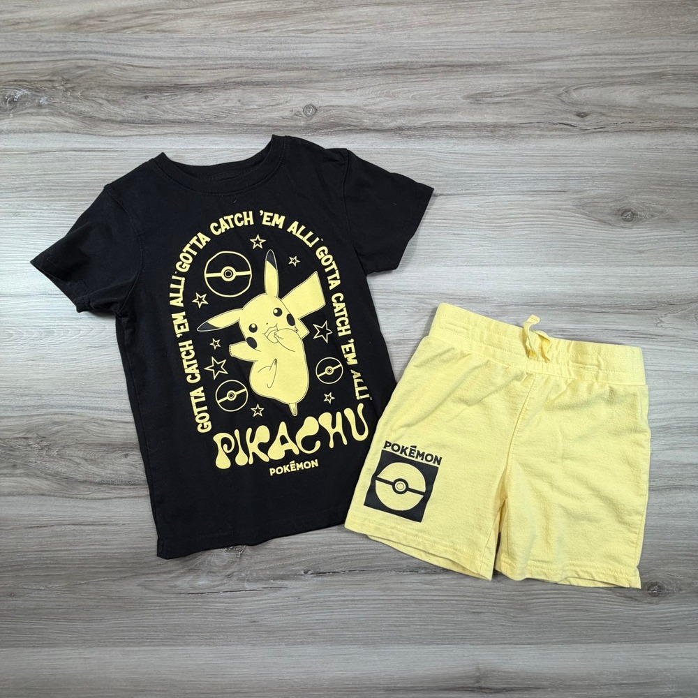 Kids Pokemon Pikachu T Shirt and Shorts Set Black Yellow Size XS